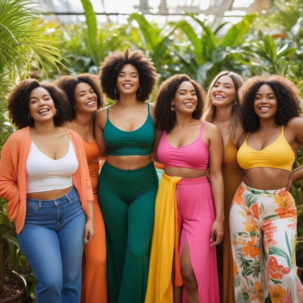 A diverse group of empowered women of varying body types joyfully celebrating their uniqueness in a bright, open space filled with healthy plants and soft light. Each woman displays confident body language, wearing comfortable, colorful attire, symbolizing self-acceptance and body positivity. The backdrop includes inspirational quotes on body image and wellness, fostering an uplifting atmosphere. super-realistic. vibrant colors. soft focus.