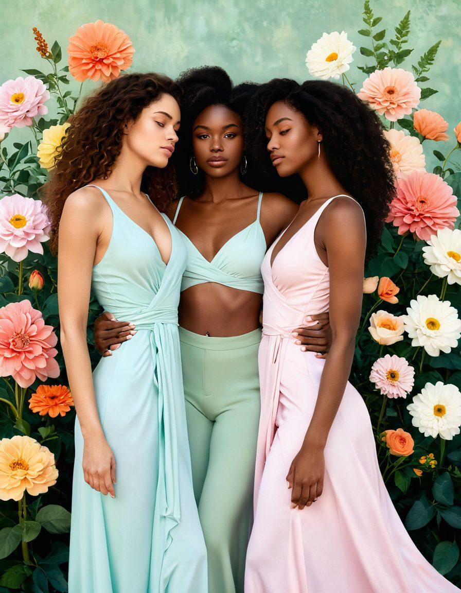 A powerful portrayal of diverse women embracing their bodies in a serene and empowering setting, surrounded by soft, warm light and delicate flowers symbolizing growth and self-love. Each woman exudes confidence, showcasing various forms of intimacy and strength in their expressions. The background features gentle, flowing fabrics that evoke a sense of freedom and connection. Artistic, soft color palette with hints of pastel tones to evoke warmth and acceptance. super-realistic. vibrant colors. intimate atmosphere.