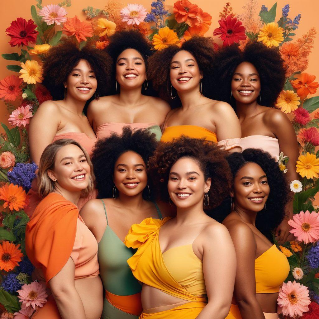 A vibrant, empowering scene of diverse women of various body types celebrating their bodies in nature, showing confidence and joy. Incorporate elements of soft flowers and gentle light to symbolize growth and self-love. Include warm colors to enhance the feeling of acceptance and positivity. super-realistic. vibrant colors. soft background.